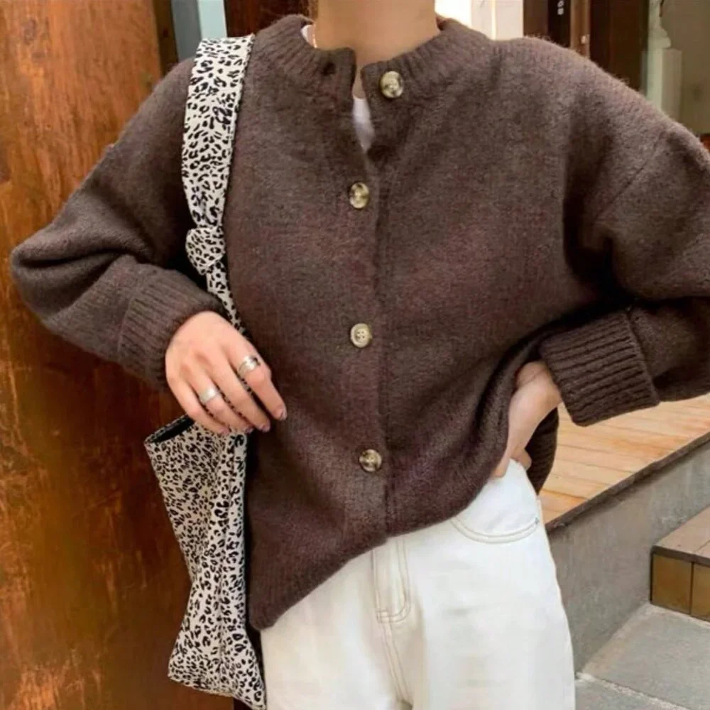 Brown Casual Women's Slouchy Loose Knitted Sweater Cardigan